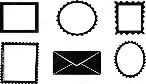Collection of various postage stamps frames and mail envelope icon.