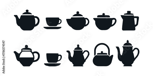set of black silhouettes of cups icon. Collection of black silhouette teapots and teacups on a white background vector illustration