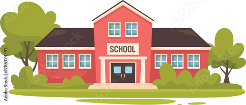 Cute cartoon school building with pink walls, green trees and lawn, education concept, back to school, learning environment for kids