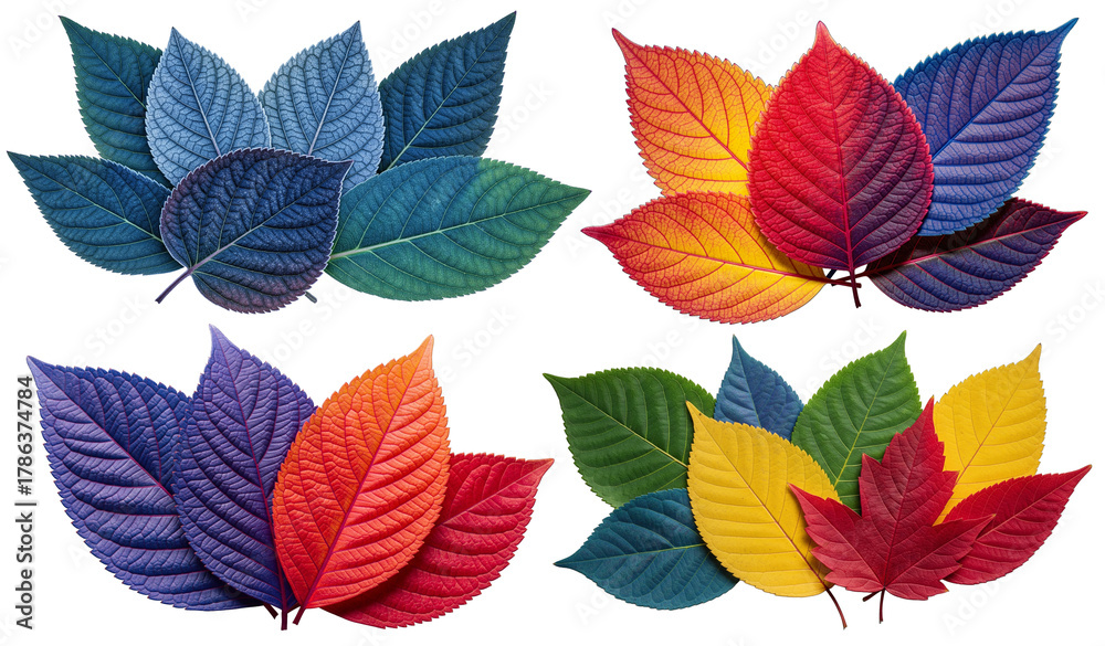 Fototapeta premium Collection of autumn leaves art in colorful shades on isolated background.