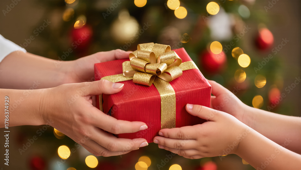 Fototapeta premium Christmas gift exchange between adult and child hands, red box with golden ribbon in front of decorated tree with glowing lights.