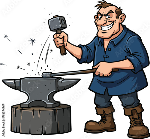 Blacksmith forging metal cartoon illustration, symbolic craftsmanship and expressive labor pride artwork for design and heritage education