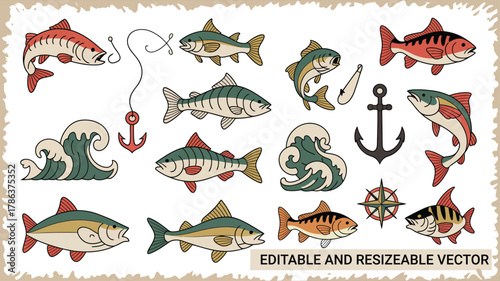 Vintage Fishing and Marine Life Elements Collection