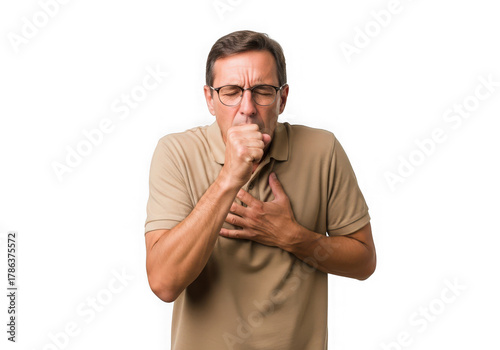 Middleaged man glasses coughing holding his chest, isolated on transparent background