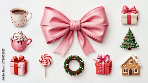 collection various christmas themed items arranged flat lay white background nine items total including pink gift box large pink ribbon tied bow cup coffee whipped cream chocolate sauce small