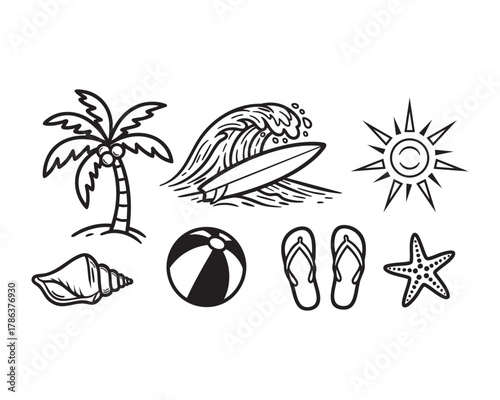 Vector illustration of assorted beach icons featuring a palm tree, wave with surfboard, sun, seashell, beach ball, flipflops, and starfish, isolated on white background