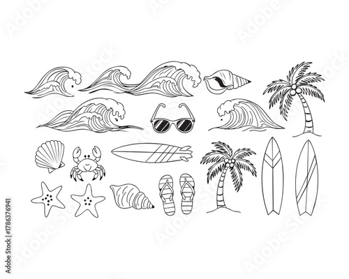 A diverse set of hand-drawn beach and surf icons, perfect for summer themes. Includes waves, palm trees, surfboards, sunglasses, seashells, starfish, and flip-flops, all isolated on a white background