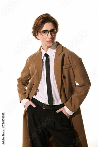 Foto Stylish young man poses confidently in trendy outfit with chic accessories