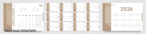 Vector layout of a wall or desktop calendar for 2026 with the date of the beginning of the week on Monday. Vector EPS 10.
