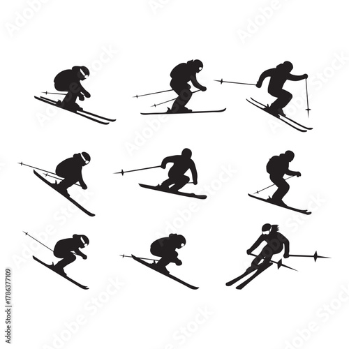 Vector illustration of dynamic black silhouette icons illustrating various skiing poses and actions of skiers on snowy slopes, isolated on white background