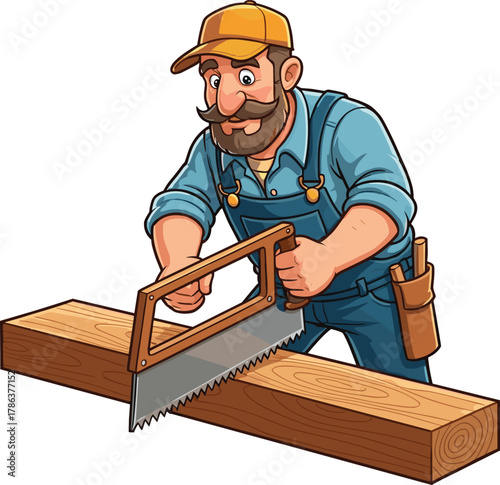 Cartoon, carpenter, hand saw, woodworking, manual labor, mustache man, wood plank, cutting action, construction, effort, DIY, tool, worker, lumber, 