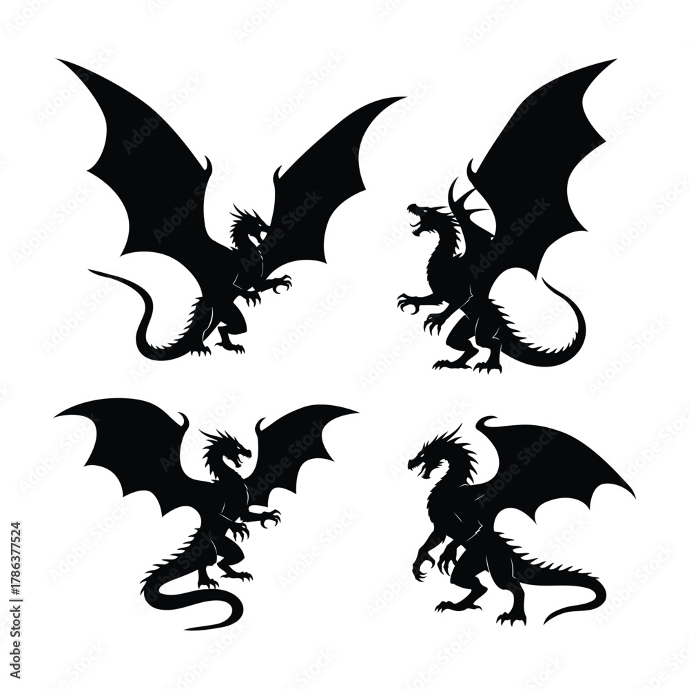 Fototapeta premium Vector illustration of four black silhouette dragon illustrations on a white background, presenting different mythical creature designs and stances