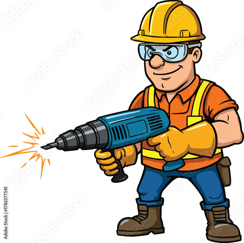 Construction worker cartoon illustration, symbolic skilled labor and expressive power tool usage artwork for design and safety education