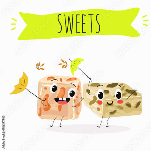 Tasty nougat, turkish delight, Halva confection, funny characters, hand drawn vector illustration.