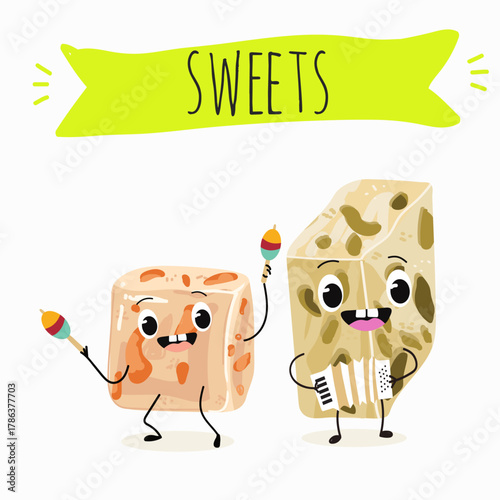 Tasty nougat, turkish delight, Halva confection, funny characters, hand drawn vector illustration.