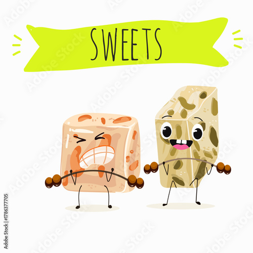 Tasty nougat, turkish delight, Halva confection, funny characters, hand drawn vector illustration.