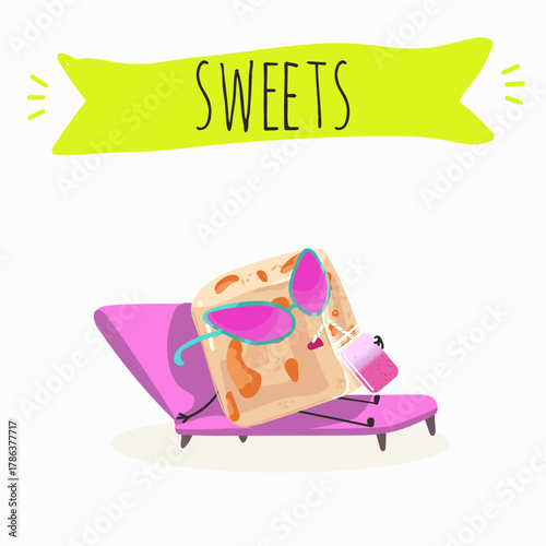 Tasty nougat, turkish delight, Halva confection, funny characters, hand drawn vector illustration.