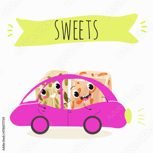 Tasty nougat, turkish delight, Halva confection, funny characters, hand drawn vector illustration.