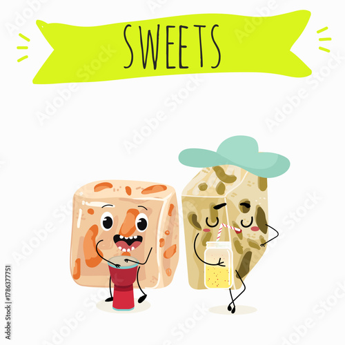 Tasty nougat, turkish delight, Halva confection, funny characters, hand drawn vector illustration.