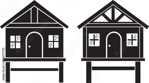Two stilt houses with gabled roofs silhouette
