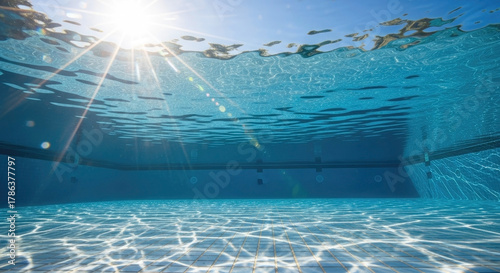 Underwater View of Empty Swimming Pool with Bright Sunburst and Clear Water