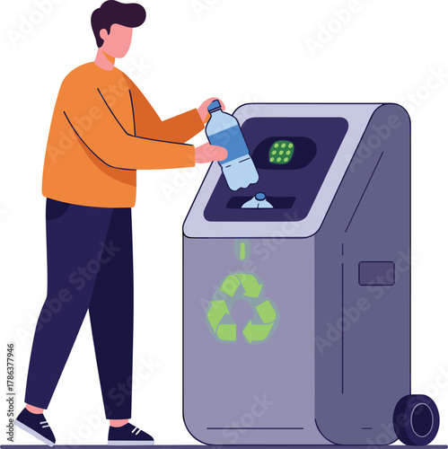 Recycling action cartoon illustration, symbolic eco responsibility and expressive smart waste disposal artwork for design and sustainability