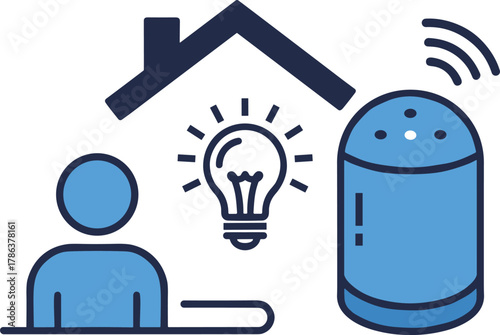 Smart home concept cartoon illustration, symbolic user interaction and expressive voice assistant artwork for design and technology