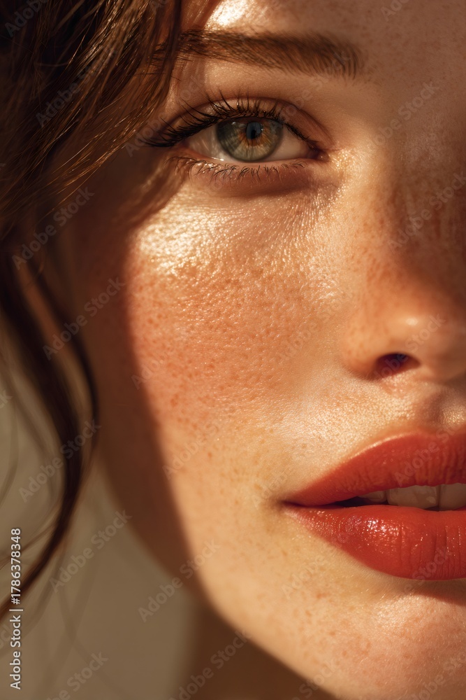 Naklejka premium Woman's face close up, focusing on textured skin with freckles, vibrant green eye, and bold red lips