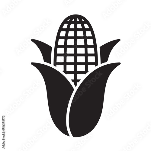 A black silhouette of an ear of corn with husks, isolated on white background, representing harvest and agriculture