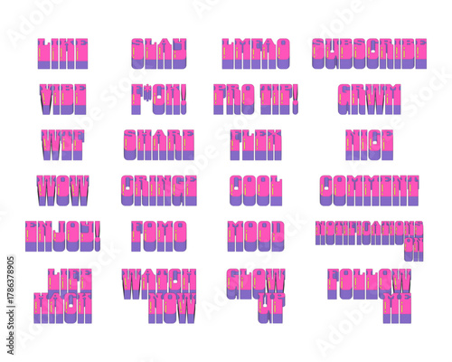Multi layered pink and purple vaporwave slang typography set. Comment, notifications on, lmfao, slay. 80s retro futuristic lettering collection. Viral words. Bubble letters buzz. Danfo font used