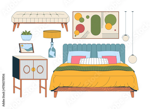 Modern cozy bedroom interior 2D cartoon objects set. Eclectic upholstered bed, bedding, hanging lamps, cabinet isolated elements flat vector clip arts on white. Spot illustrations collection