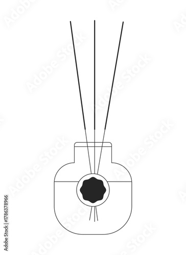 Aromatherapy diffuser with fragrance reed sticks 2D line object. Aesthetic calming essential oil in bottle. Spa home decor isolated clipart vector ink outline item. Monochrome spot illustration