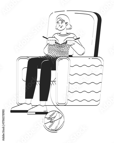 Senior woman relaxing and knitting in armchair doodle linear character. Leisure in old age. Caucasian grandma retirement 2D vector outline person isolated. Hand drawn drawing illustration monochrome