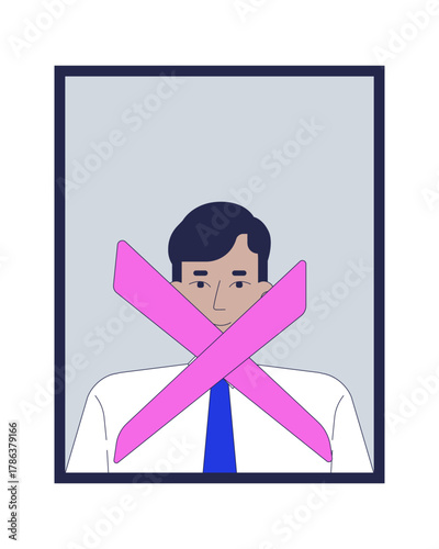 Disqualified indian male employee avatar with cross mark 2D cartoon character. Southeast asian man office worker candidate disapproval flat vector person isolated on white. Spot illustration colorful
