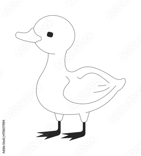 Cute duck standing 2D line character. Baby bird. Young duckling quack. Farm poultry. Little fowl. Domesticated livestock isolated vector ink outline animal. Monochromatic spot illustration
