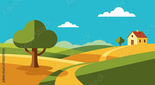 Flat design landscape illustration with rolling hills, winding path, a lone tree, and a small house under a blue sky, ideal for background
