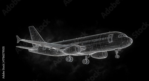 Wireframe airliner with extended landing gear on black background, glowing 3D CAD model symbolizing aerospace engineering, aviation design, and technology.