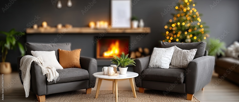 Naklejka premium A cozy space features a decorated Christmas tree and warm fireplace, creating a festive ambiance for the holidays