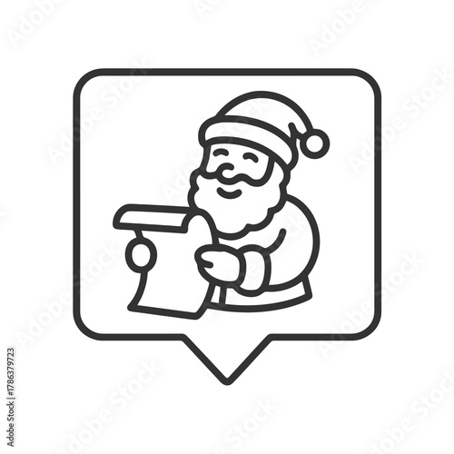 Minimalist line vector of Santa Claus holding a long scroll in a square pin shape, representing the spirit of generosity and Christmas magic.