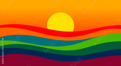 Vibrant abstract sunrise or sunset over a stylized landscape featuring rolling hills with wavy, colorful gradient stripes