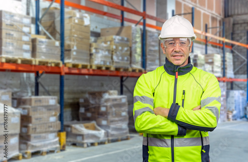 Warehouse worker with arms crossed wearing PPE and hard hat in industrial storage area.