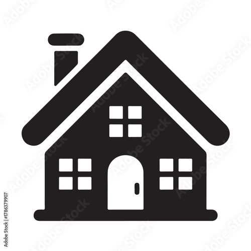 A simple house with a roof, chimney, door, and windows isolated on white background is perfect for real estate