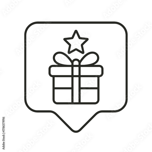 Minimalist line vector of a gift box with ribbon in a square pin, representing happiness, giving, and the holiday spirit of Christmas.
