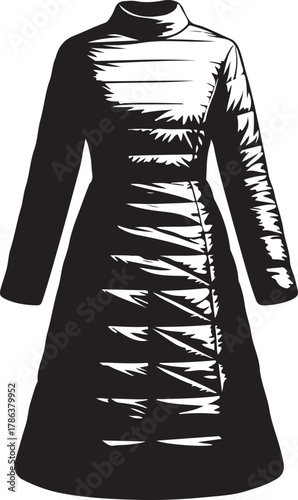 Monochrome vector illustration of a long stylish puffer coat or quilted dress. Vector