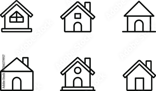 Collection of six simple house outline icons isolated on transparent background