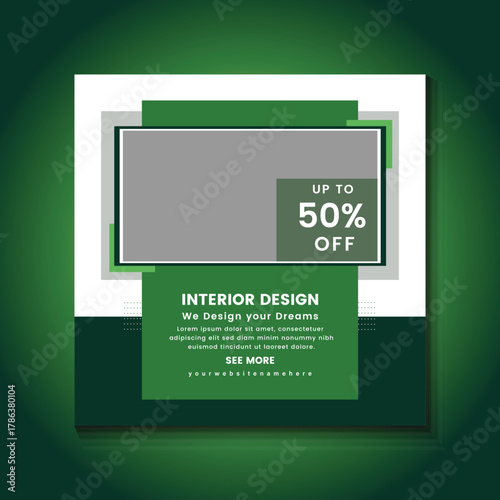A sleek and modern social media template featuring an elegant green layout, ideal for promoting home decor, architecture, or design agency services online.