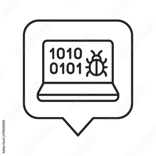 Minimalist line vector of a computer showing code and a bug in square pin shape, representing hacking simulation, digital threat, and system inspection.