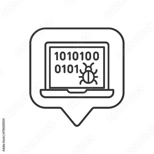 Thin-line laptop with bug and binary code icon inside a square pin, symbolizing malware detection and system analysis. Perfect for cybersecurity dashboards.