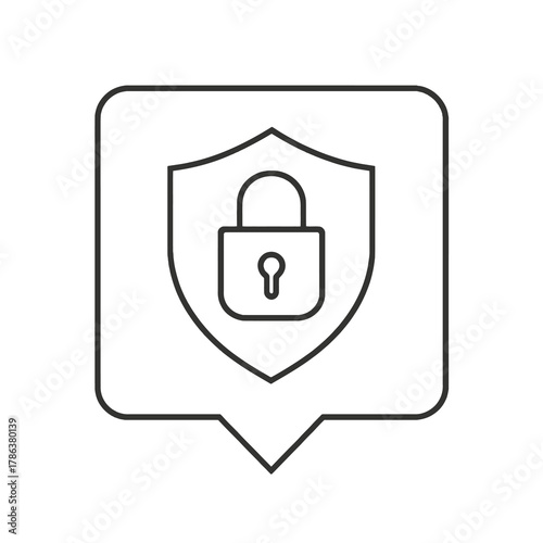 Thin-line shield with padlock icon inside a square pin, symbolizing protection and encryption. Perfect for cybersecurity dashboards and security software designs.