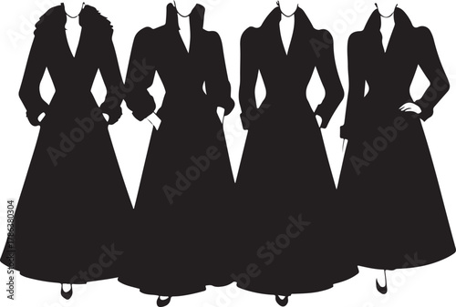 Elegant female silhouettes in long coats, classic fashion outerwear vector design. Vector